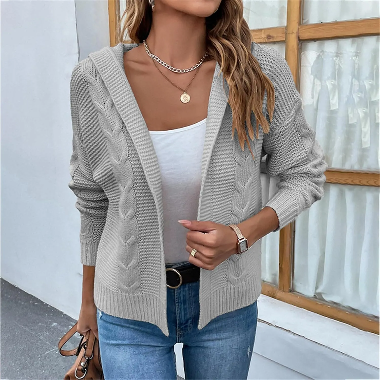Women's Cable Knit Long Sleeve Sweater Cardigan Open Front Cropped Hoodie Cardigans Hooded Casual Loose Short Outwear