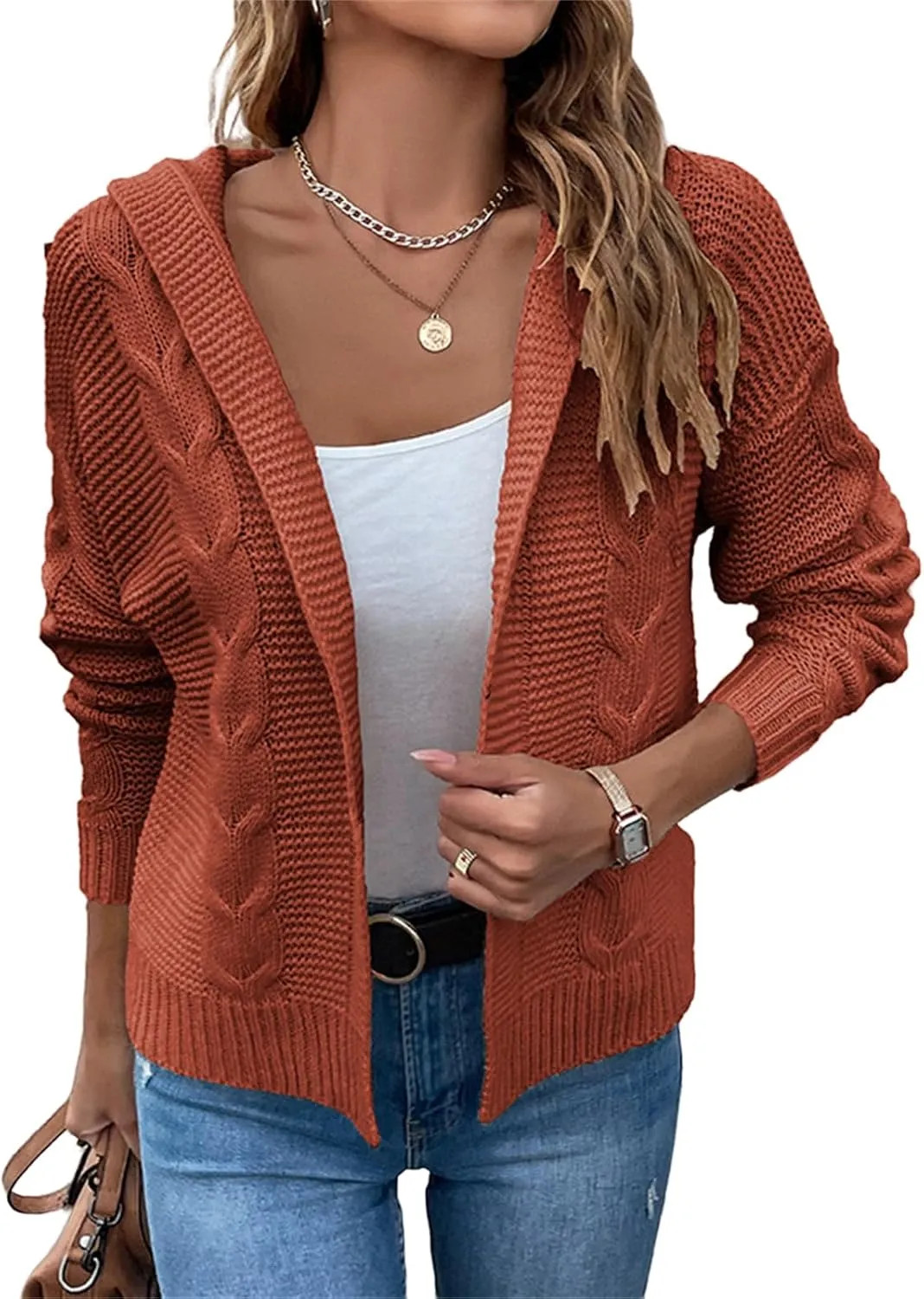 Women's Cable Knit Long Sleeve Sweater Cardigan Open Front Cropped Hoodie Cardigans Hooded Casual Loose Short Outwear