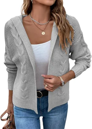 Women's Cable Knit Long Sleeve Sweater Cardigan Open Front Cropped Hoodie Cardigans Hooded Casual Loose Short Outwear