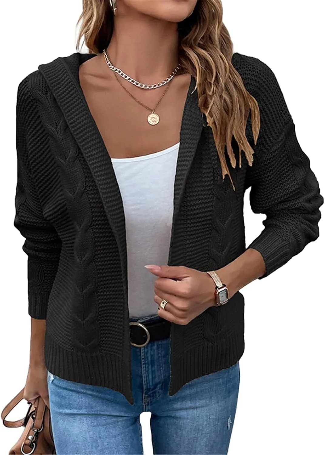 Women's Cable Knit Long Sleeve Sweater Cardigan Open Front Cropped Hoodie Cardigans Hooded Casual Loose Short Outwear