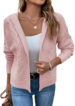 Women's Cable Knit Long Sleeve Sweater Cardigan Open Front Cropped Hoodie Cardigans Hooded Casual Loose Short Outwear