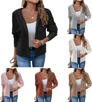 Women's Cable Knit Long Sleeve Sweater Cardigan Open Front Cropped Hoodie Cardigans Hooded Casual Loose Short Outwear