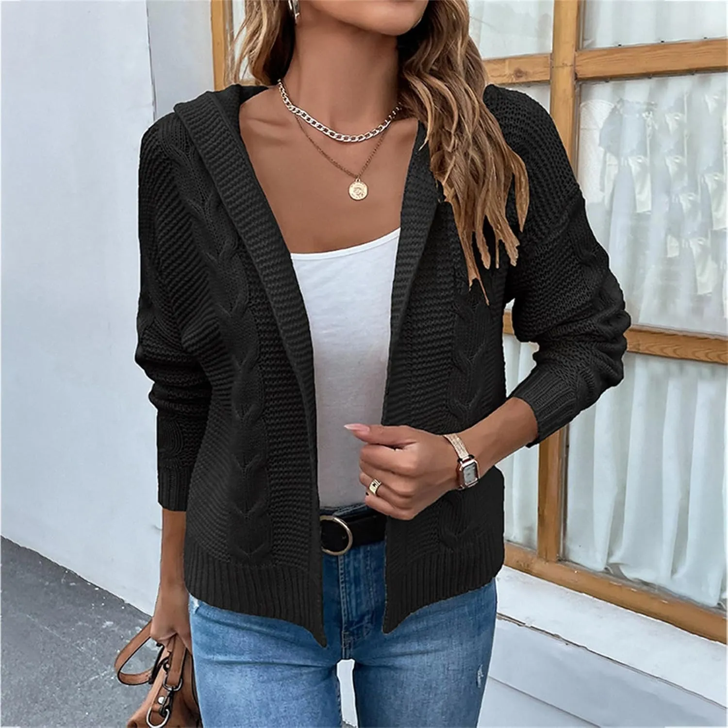 Women's Cable Knit Long Sleeve Sweater Cardigan Open Front Cropped Hoodie Cardigans Hooded Casual Loose Short Outwear