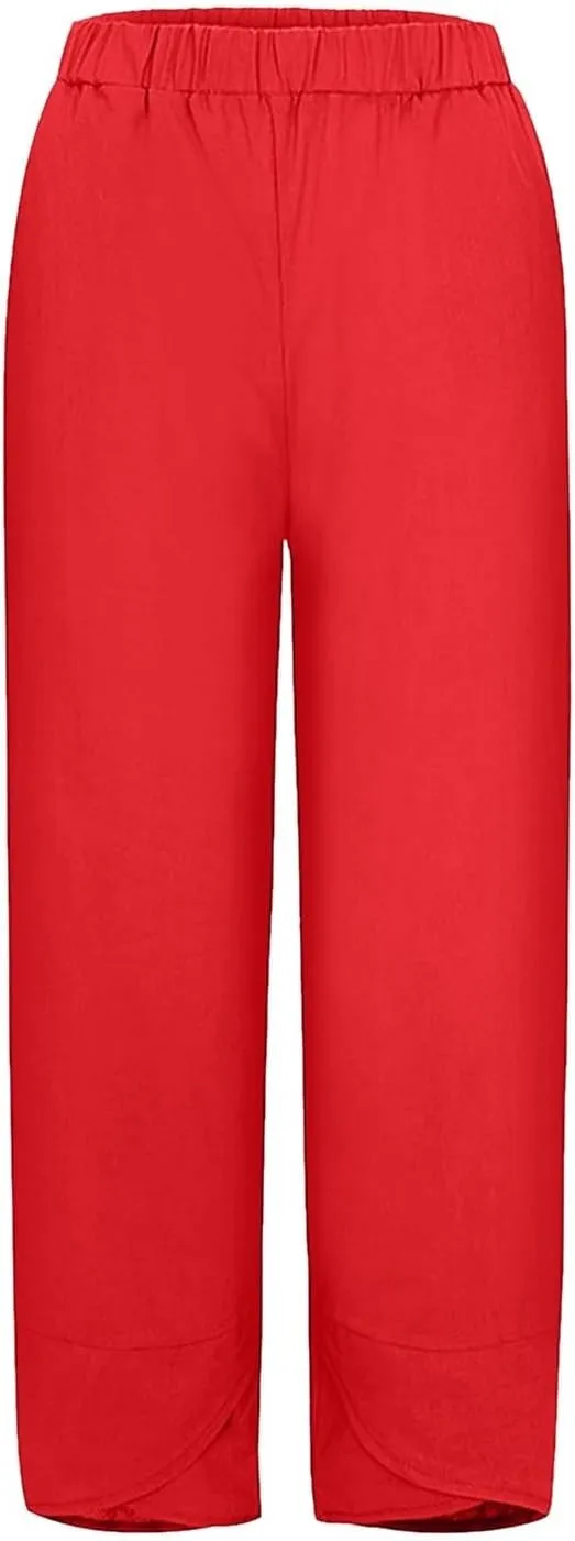 Womens Capri Linen Pants Casual Summer Baggy Wide Leg Beach Pants Elastic High Waist Palazzo Lounge Cropped Trousers