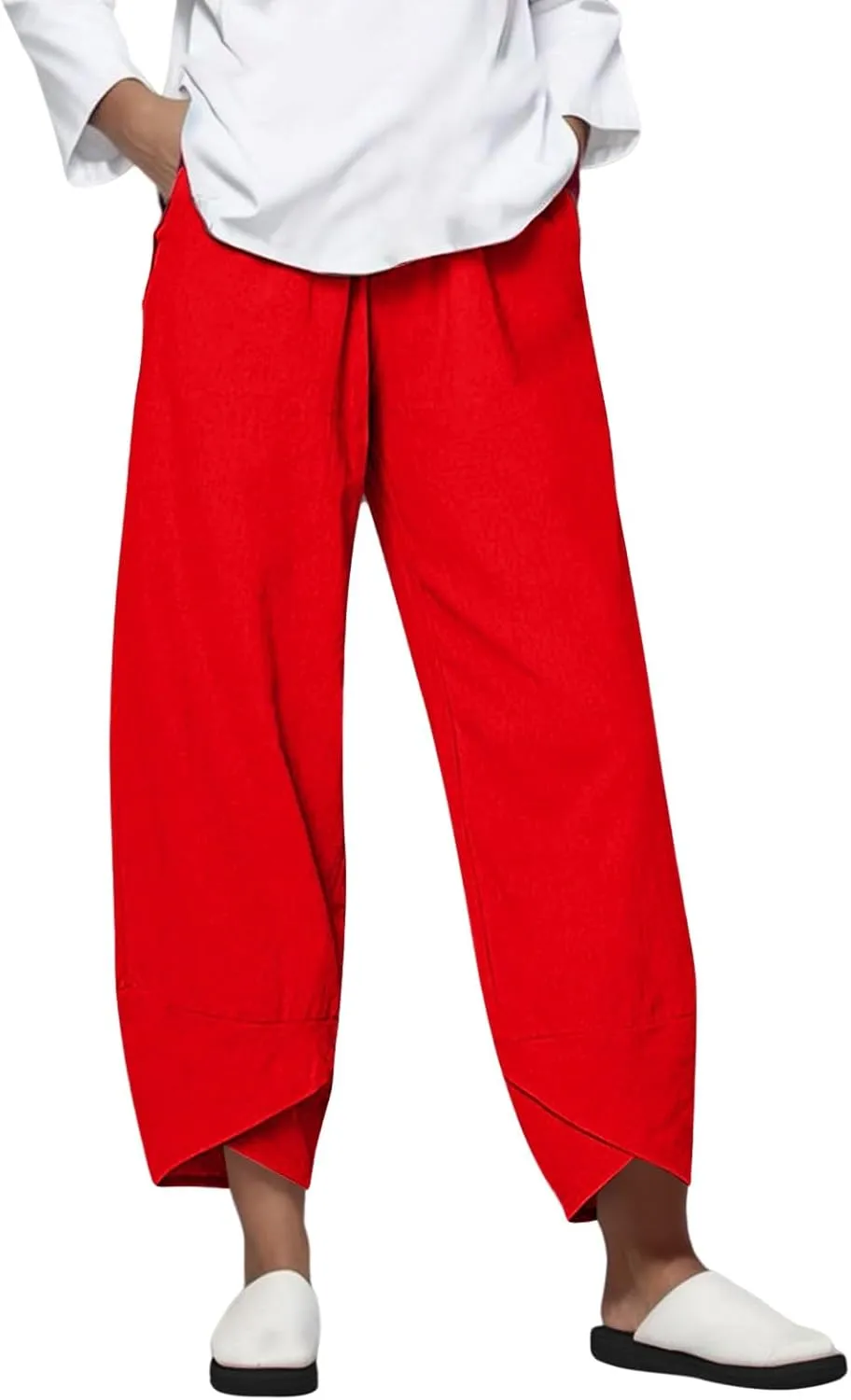 Womens Capri Linen Pants Casual Summer Baggy Wide Leg Beach Pants Elastic High Waist Palazzo Lounge Cropped Trousers