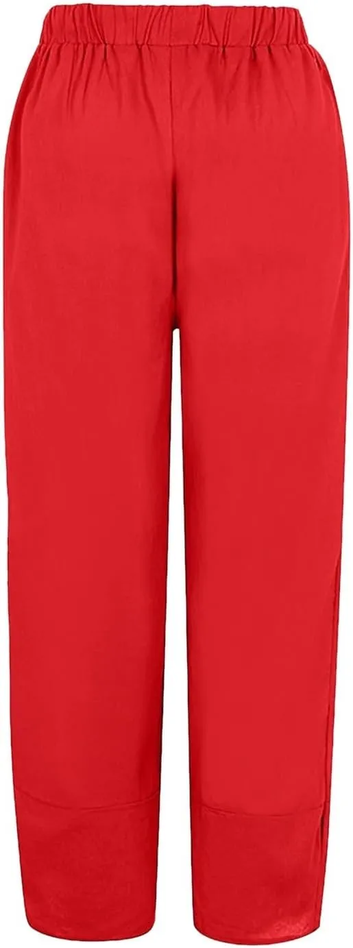 Womens Capri Linen Pants Casual Summer Baggy Wide Leg Beach Pants Elastic High Waist Palazzo Lounge Cropped Trousers