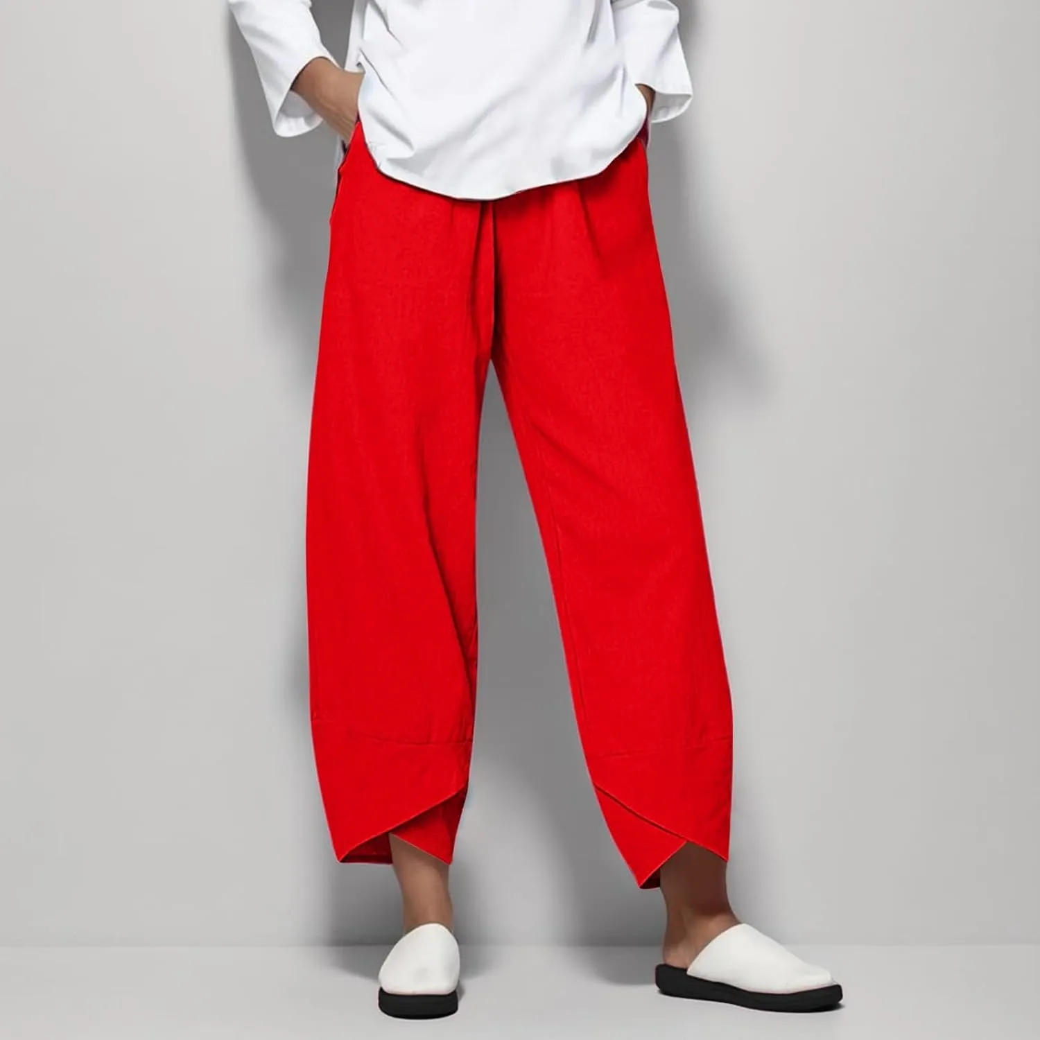 Womens Capri Linen Pants Casual Summer Baggy Wide Leg Beach Pants Elastic High Waist Palazzo Lounge Cropped Trousers