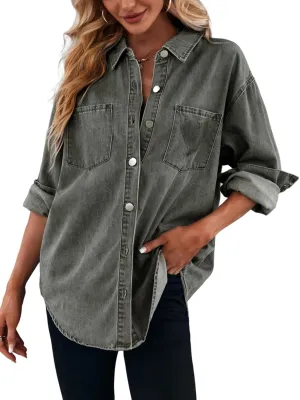 Women's Casual Button Down Denim Shirt Long Sleeve Boyfriend Oversized Jean Jacket with Pockets