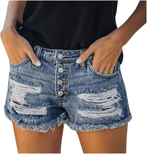 Women's Casual High Waisted Ripped Denim Shorts Frayed Raw Hem Stretch Jeans Shorts