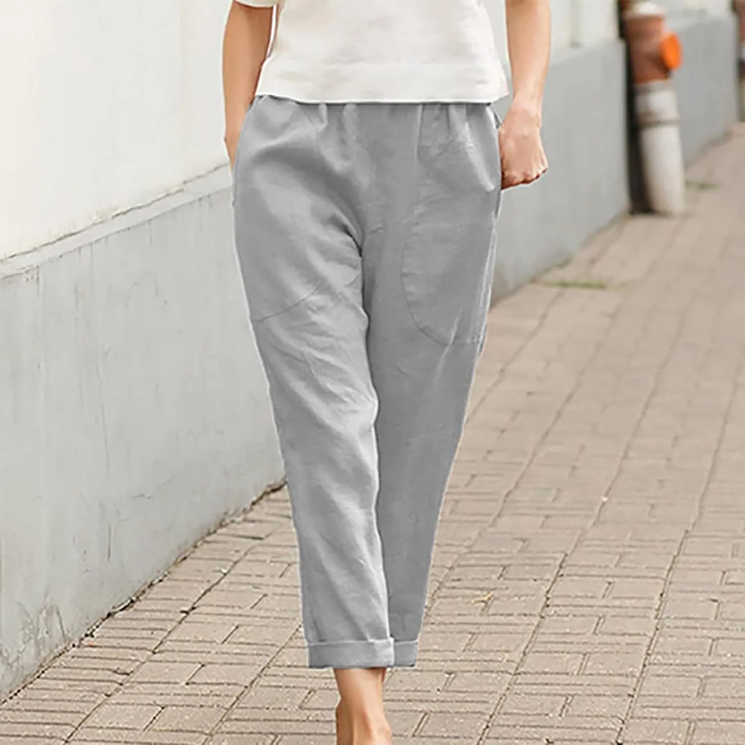 Womens Casual Loose Elastic Waist Trouser Cotton Lined Straight Leg Lounge Pants Fashion Plus Size Vacation Clothes