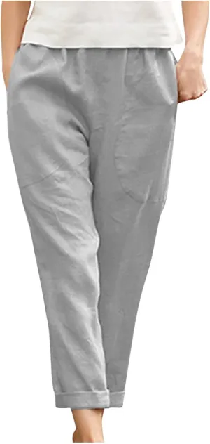 Womens Casual Loose Elastic Waist Trouser Cotton Lined Straight Leg Lounge Pants Fashion Plus Size Vacation Clothes