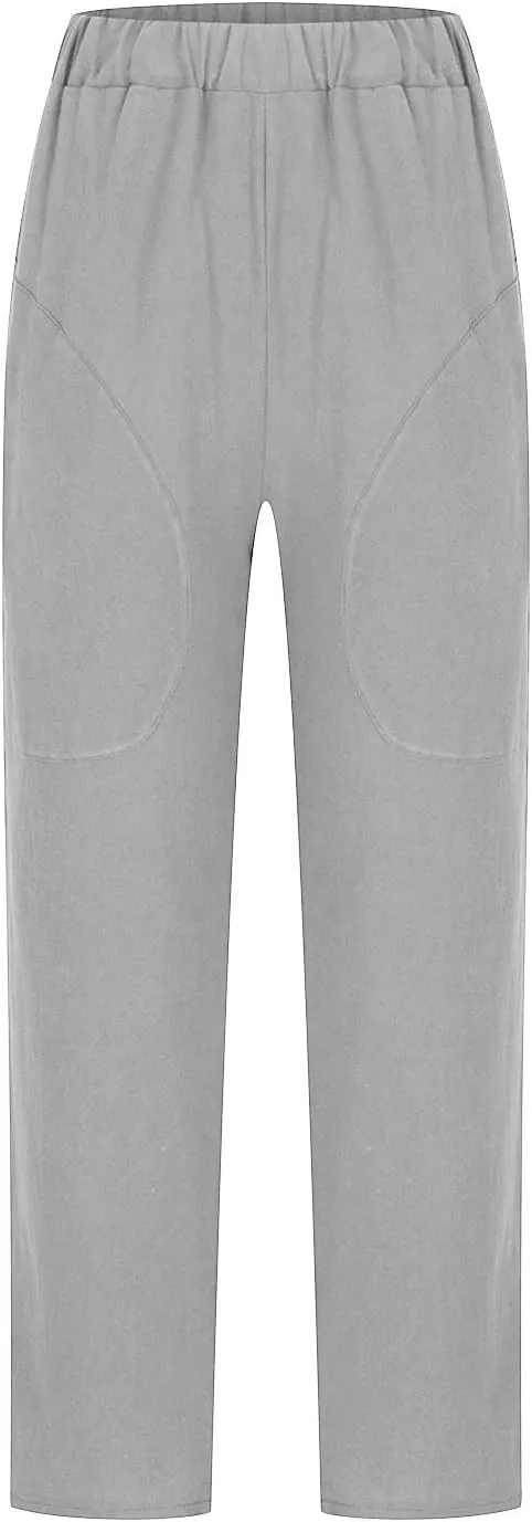 Womens Casual Loose Elastic Waist Trouser Cotton Lined Straight Leg Lounge Pants Fashion Plus Size Vacation Clothes