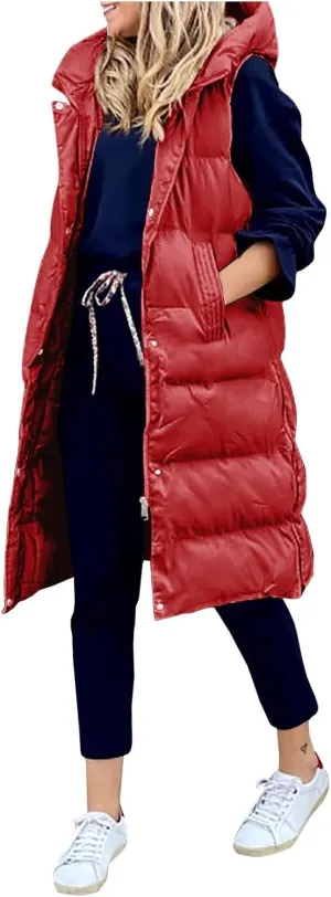 Womens Casual Solid Versatile Puffer Jacket Oversized Full Zip Sleeveless Hooded Down Coat 2024 Winter Warm Long Coats