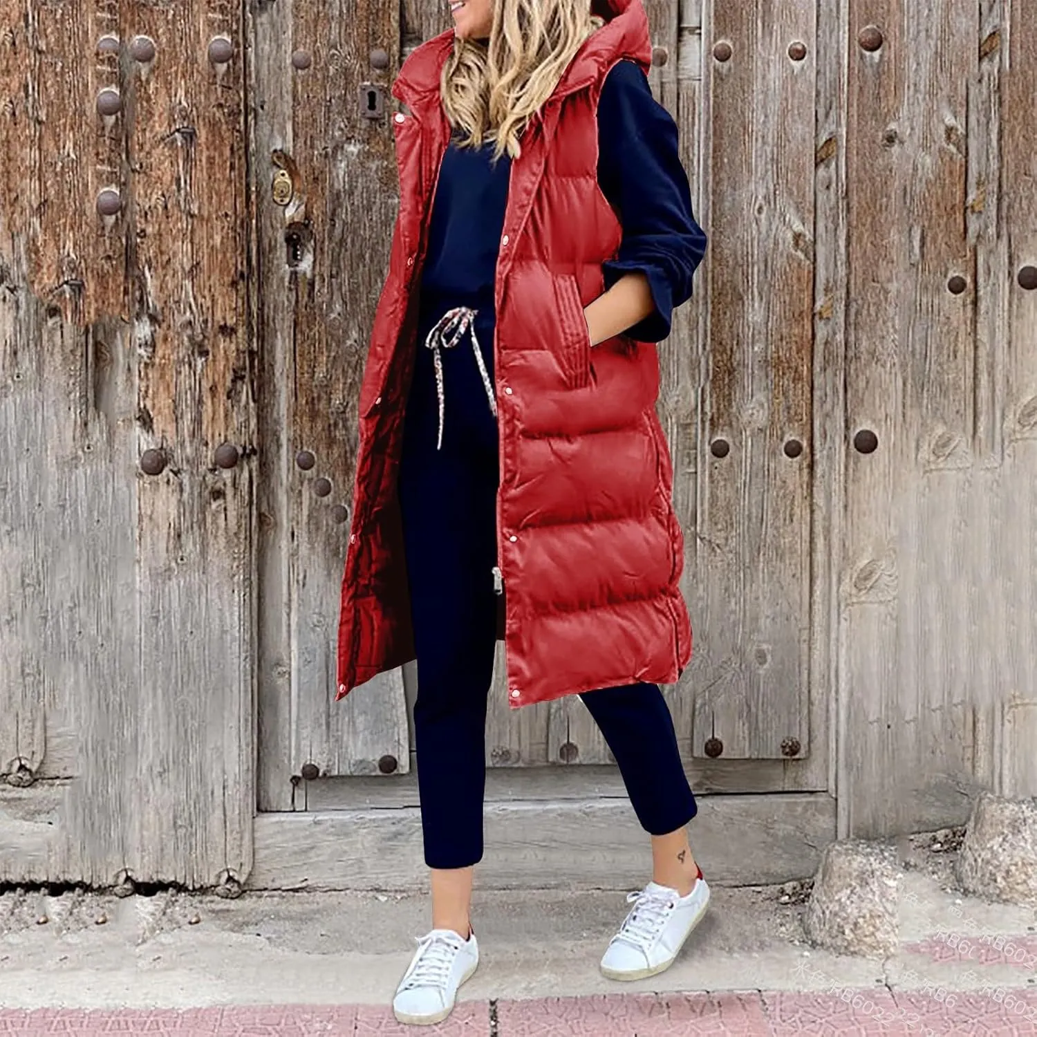 Womens Casual Solid Versatile Puffer Jacket Oversized Full Zip Sleeveless Hooded Down Coat 2024 Winter Warm Long Coats