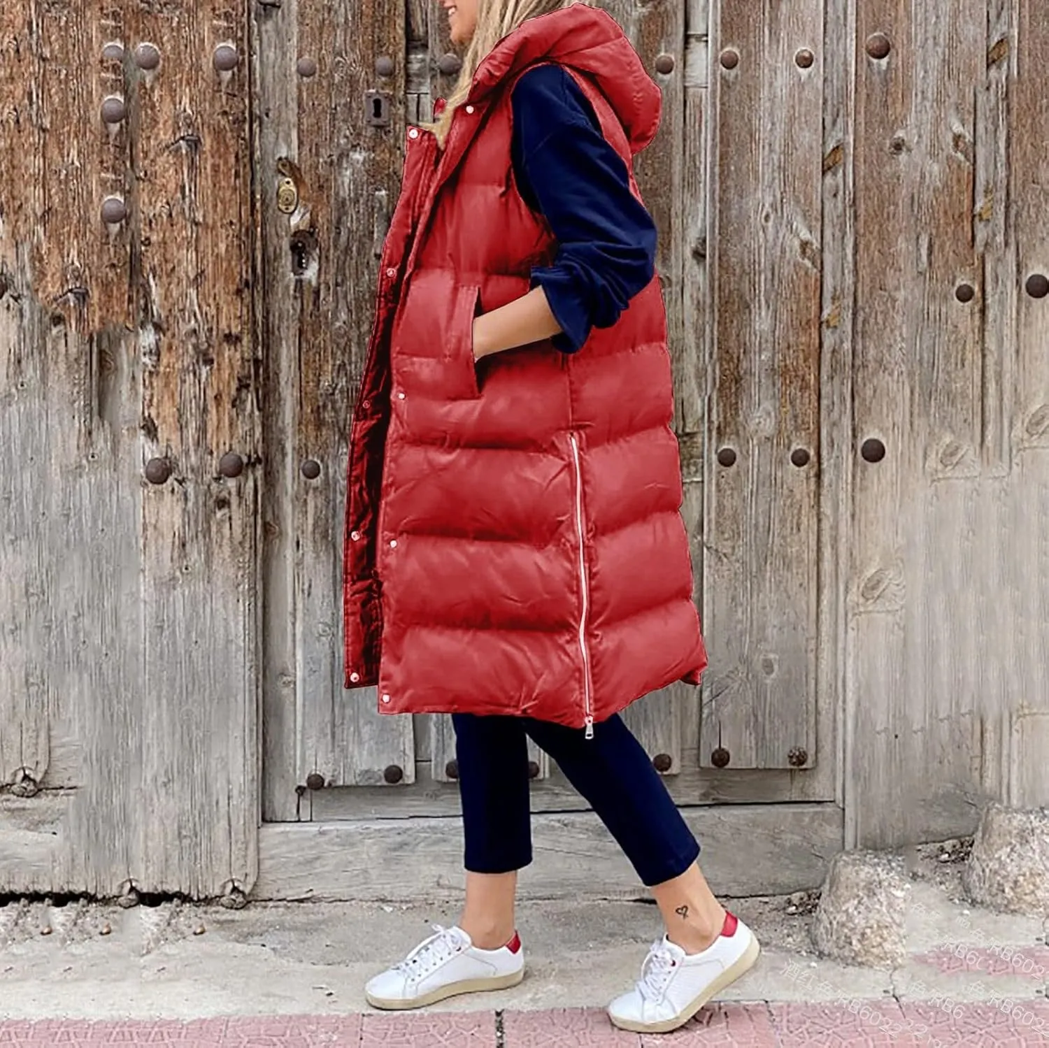 Womens Casual Solid Versatile Puffer Jacket Oversized Full Zip Sleeveless Hooded Down Coat 2024 Winter Warm Long Coats