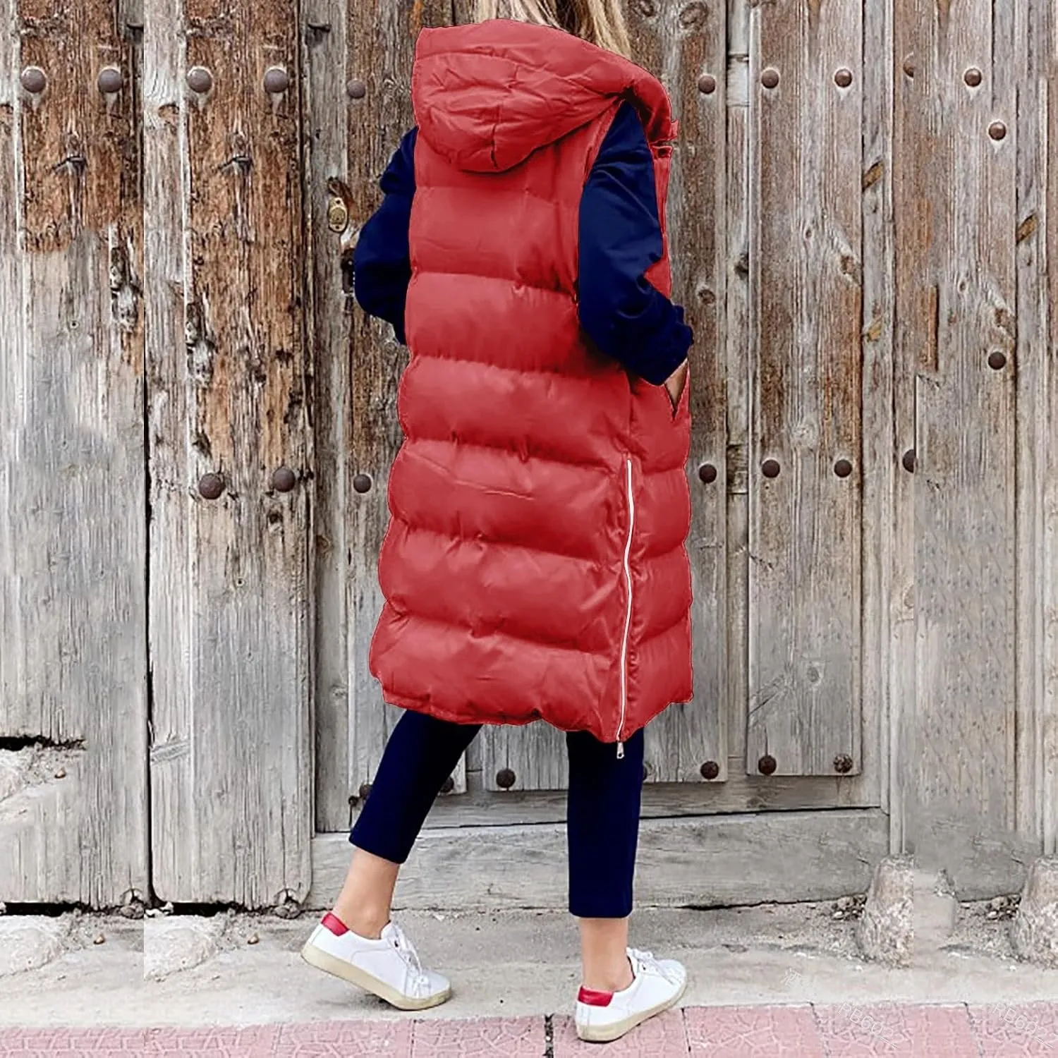 Womens Casual Solid Versatile Puffer Jacket Oversized Full Zip Sleeveless Hooded Down Coat 2024 Winter Warm Long Coats