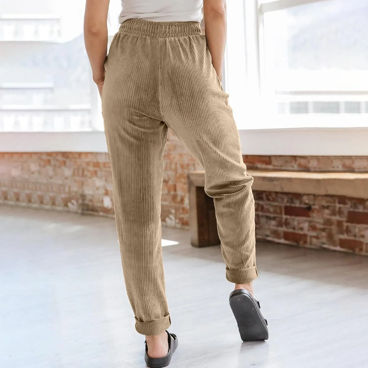 Womens Corduroy Pants Soft Comfy High Waisted Drawstring Joggers Casual Straight Leg Hiking Pants Trousers with Pocket