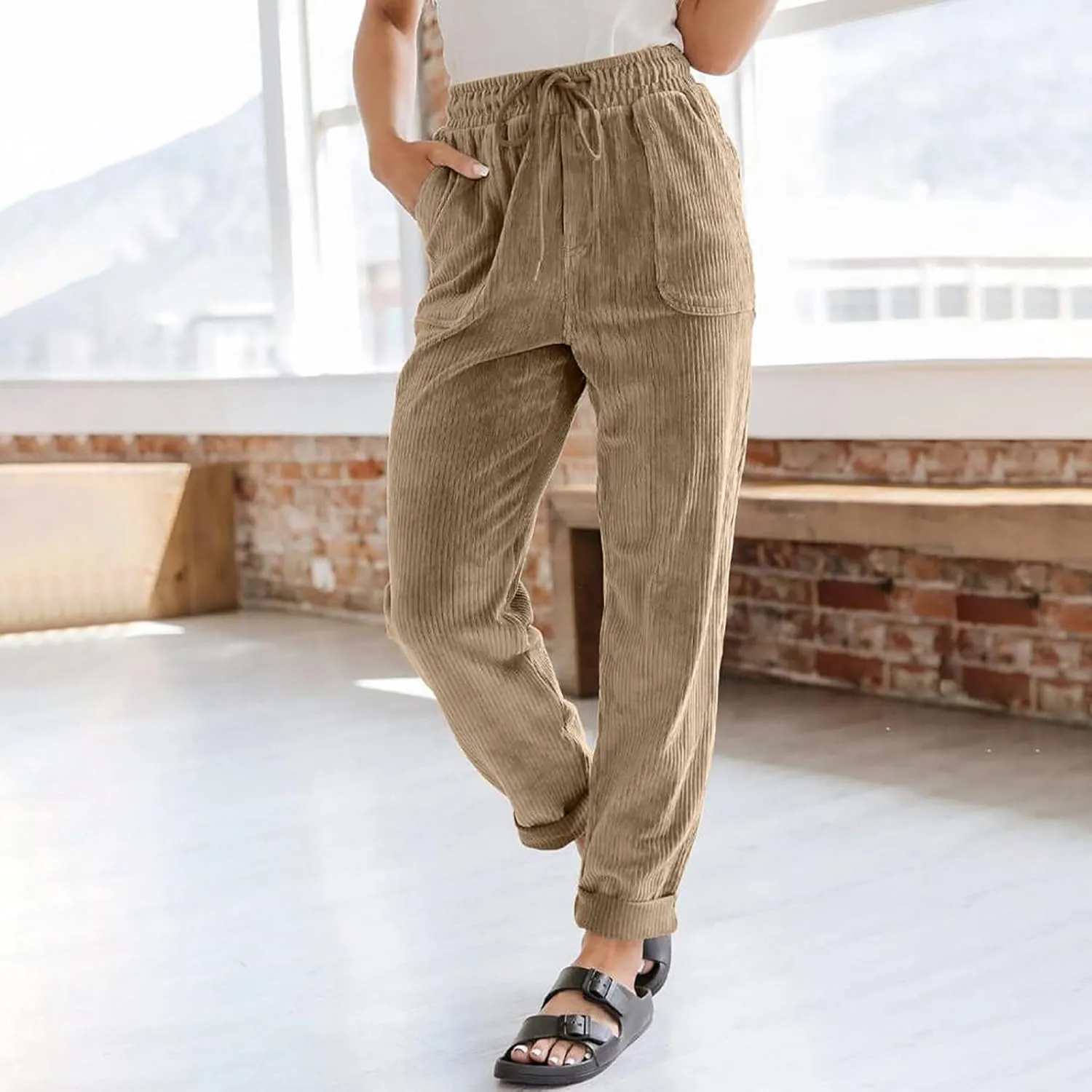Womens Corduroy Pants Soft Comfy High Waisted Drawstring Joggers Casual Straight Leg Hiking Pants Trousers with Pocket