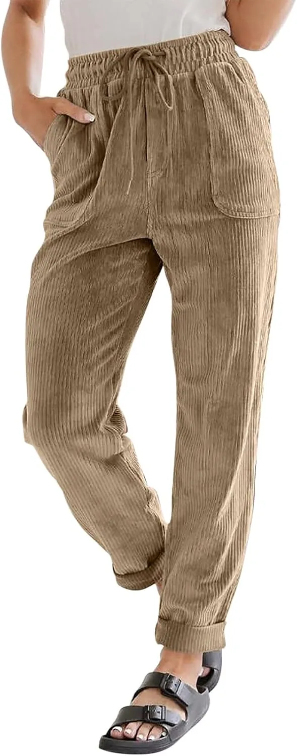 Womens Corduroy Pants Soft Comfy High Waisted Drawstring Joggers Casual Straight Leg Hiking Pants Trousers with Pocket