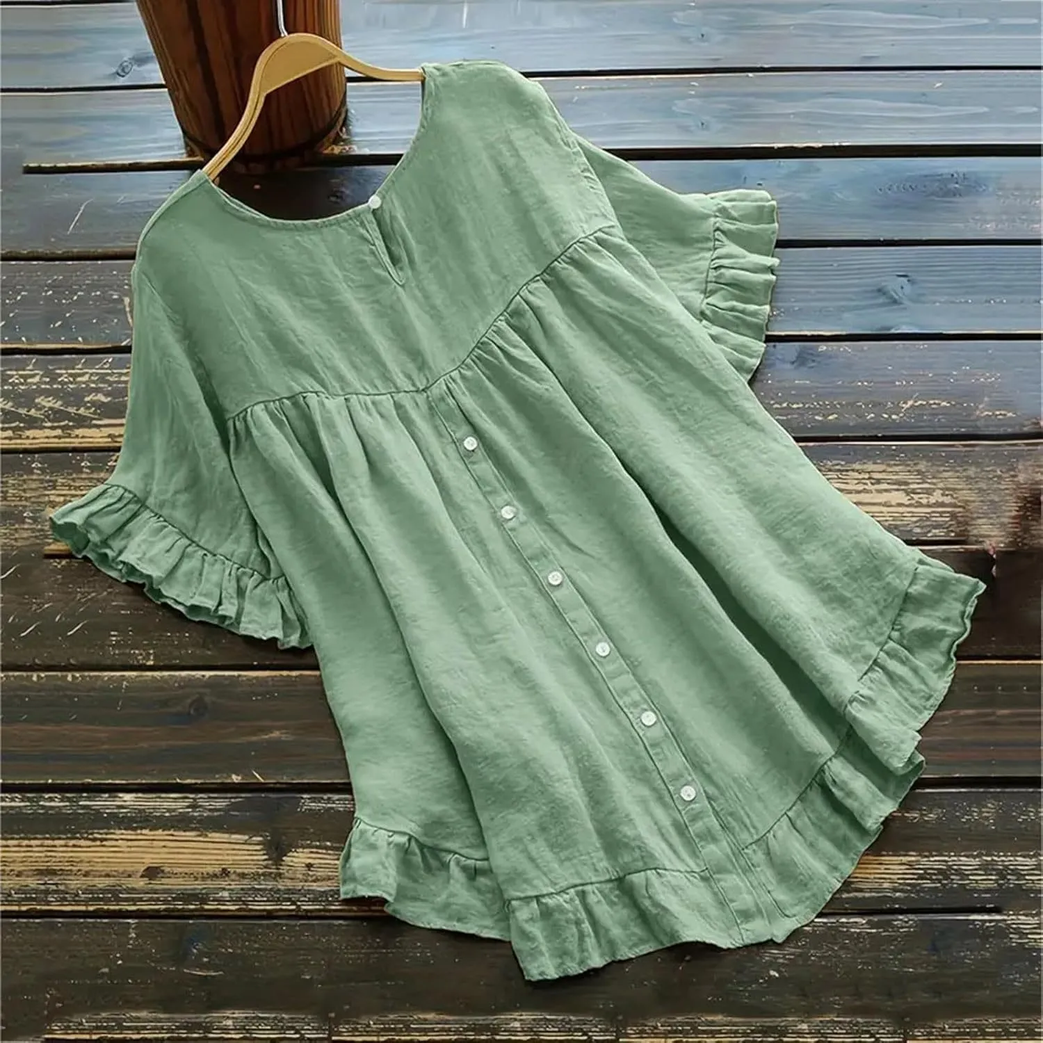 Women's Cotton and Linen Solid Color Loose Ruffled Edge Short Sleeved Button Up Shirt