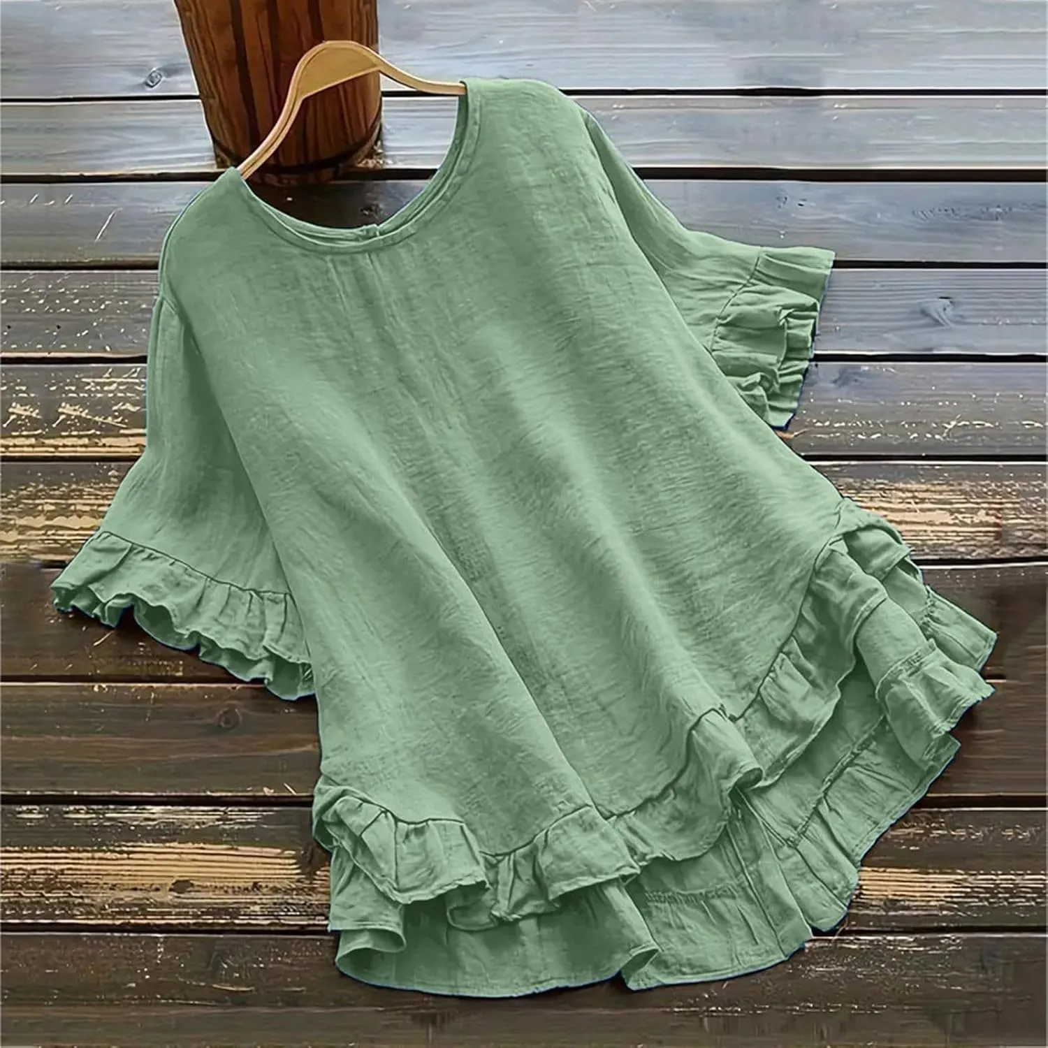 Women's Cotton and Linen Solid Color Loose Ruffled Edge Short Sleeved Button Up Shirt