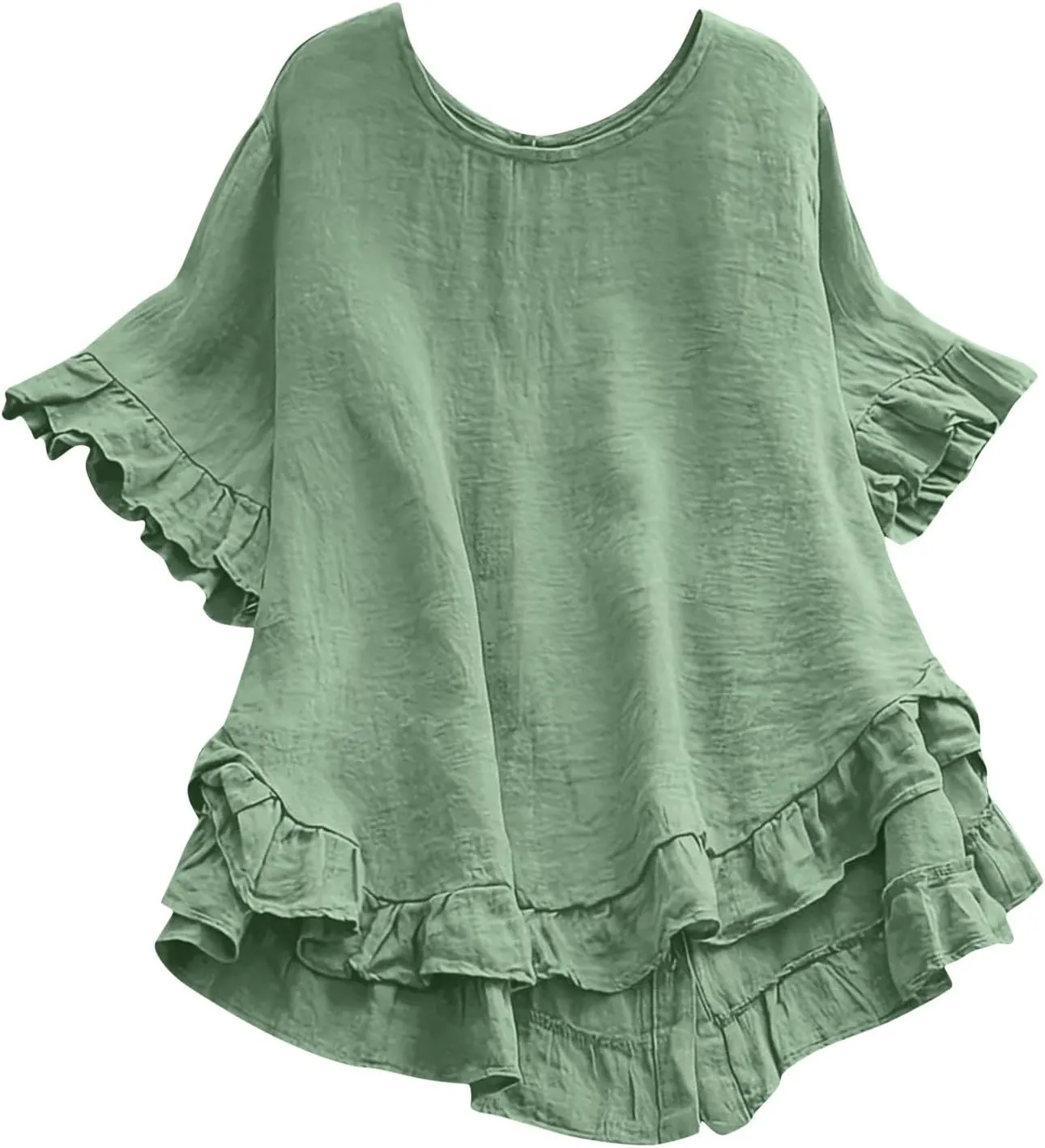 Women's Cotton and Linen Solid Color Loose Ruffled Edge Short Sleeved Button Up Shirt