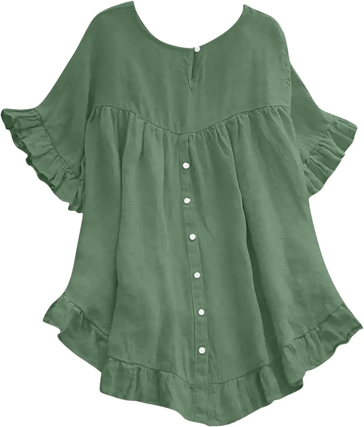 Women's Cotton and Linen Solid Color Loose Ruffled Edge Short Sleeved Button Up Shirt
