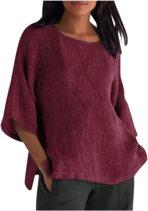 Womens Cotton Linen Summer Tops 3/4 Length Sleeve Tunic Blouses Gauze Boho Shirts Trendy Loose Fit Clothing 2024