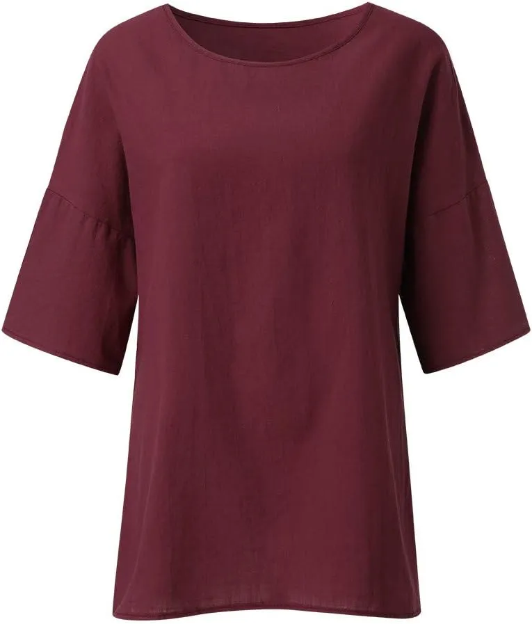 Womens Cotton Linen Summer Tops 3/4 Length Sleeve Tunic Blouses Gauze Boho Shirts Trendy Loose Fit Clothing 2024