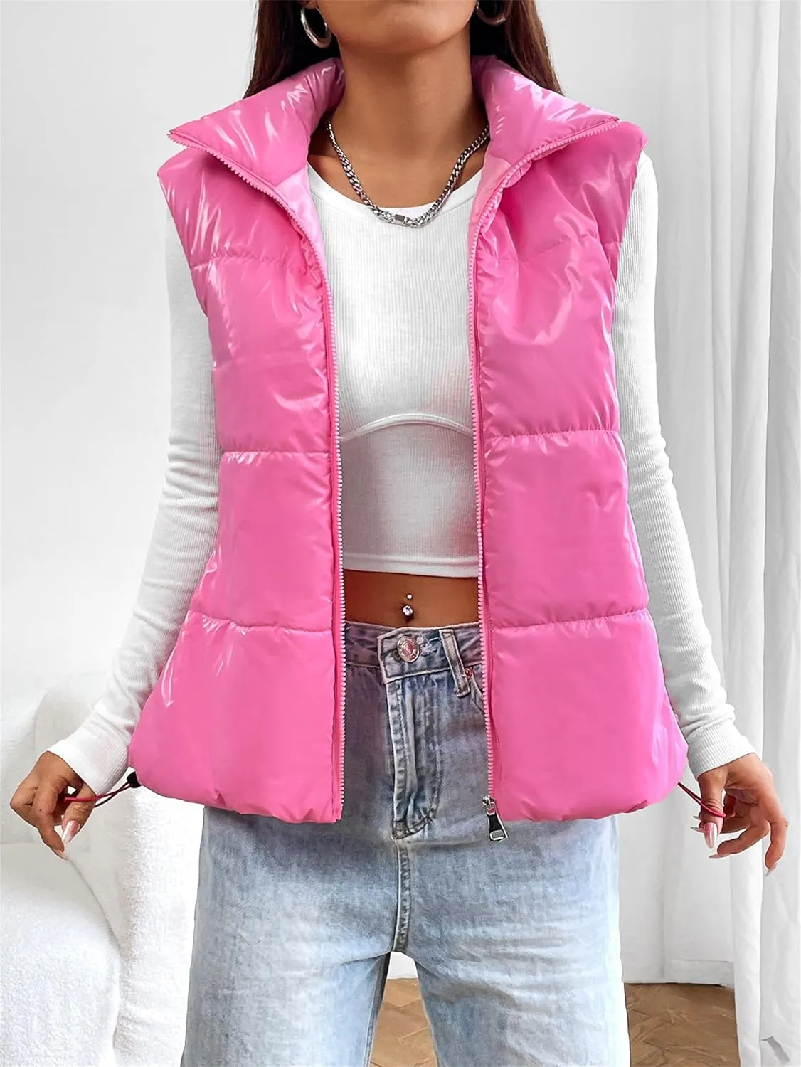 Womens Crop Puffer Vest Lightweight High Stand Collar Sleeveless Zip Up Padded Gilet Winter Warm Quilted Coat Outwear
