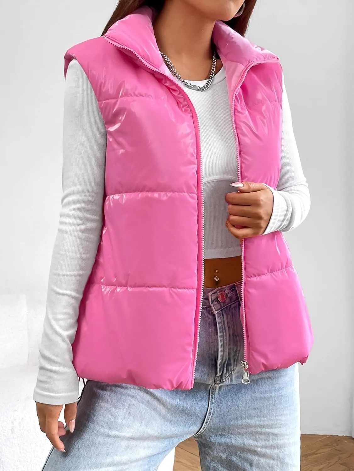 Womens Crop Puffer Vest Lightweight High Stand Collar Sleeveless Zip Up Padded Gilet Winter Warm Quilted Coat Outwear