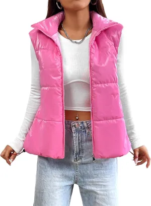Womens Crop Puffer Vest Lightweight High Stand Collar Sleeveless Zip Up Padded Gilet Winter Warm Quilted Coat Outwear