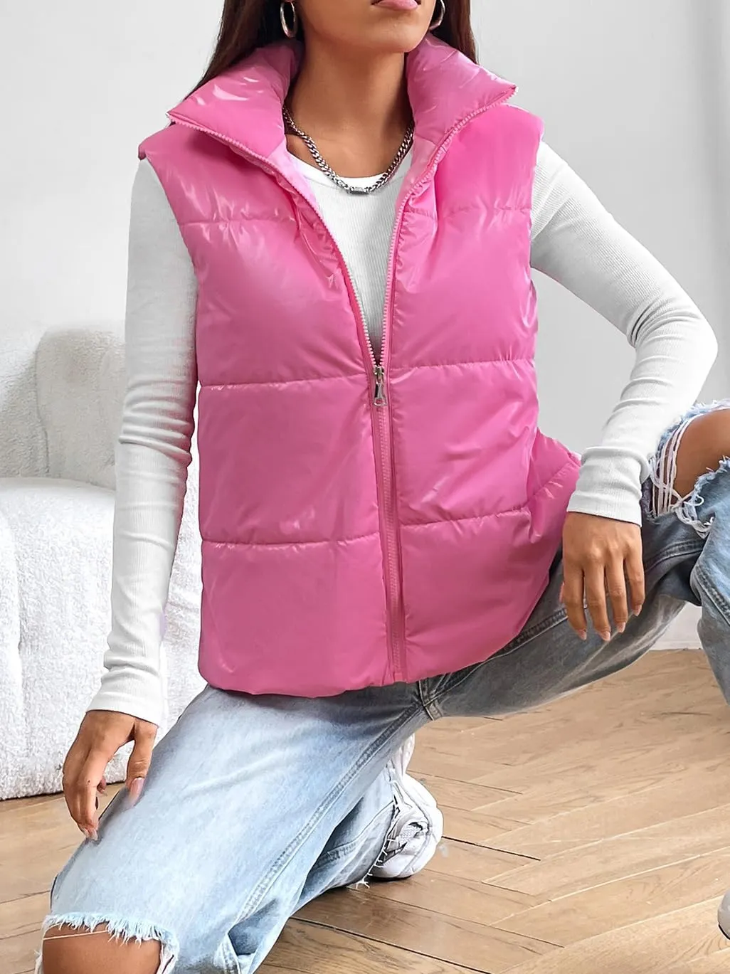 Womens Crop Puffer Vest Lightweight High Stand Collar Sleeveless Zip Up Padded Gilet Winter Warm Quilted Coat Outwear