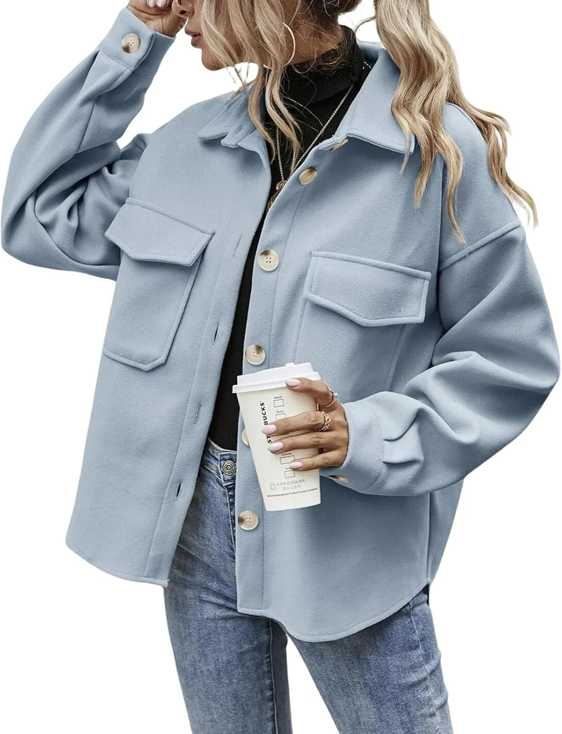 Womens Cropped Wool Coat Button Down Lapel Jacket Casual Fall Winter Pea Coat Outerwear