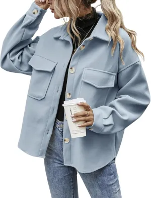Womens Cropped Wool Coat Button Down Lapel Jacket Casual Fall Winter Pea Coat Outerwear