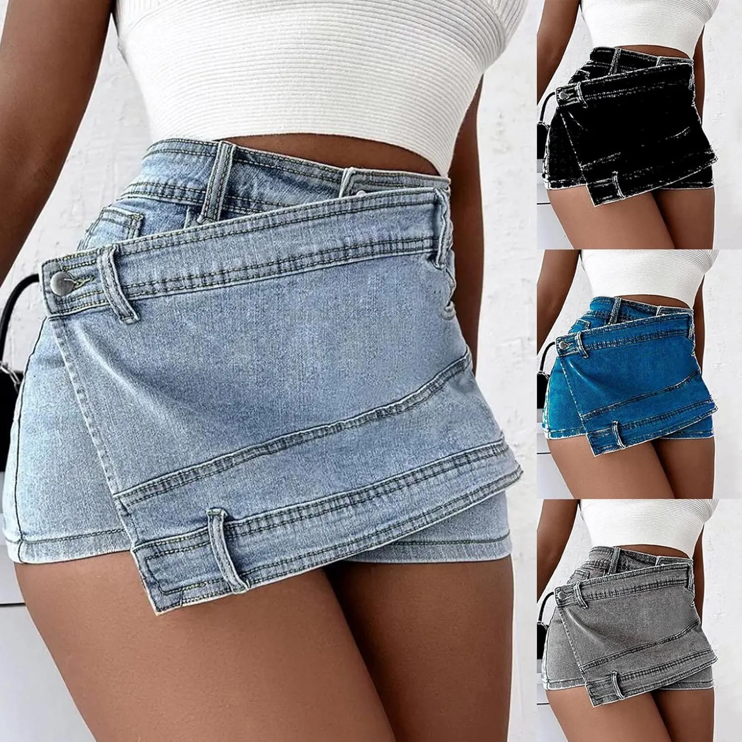 Women's Denim Shorts Skirt High Waist Irregular Culottes Ladies Denim Shorts Stretch Short Jeans Cropped Trousers