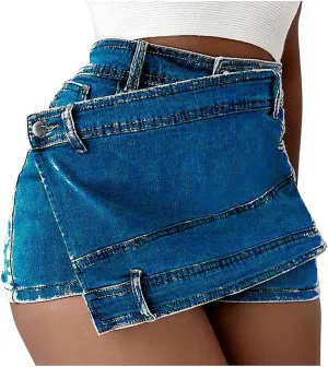 Women's Denim Shorts Skirt High Waist Irregular Culottes Ladies Denim Shorts Stretch Short Jeans Cropped Trousers