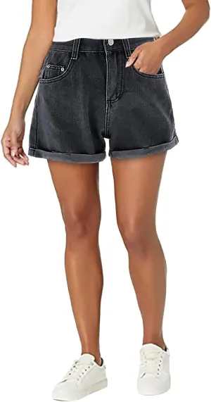 Womens Denim Shorts Stretchy High Waisted Summer Beach Jean Shorts Trendy Folded Hem Casual Loose Fit Short Jeans