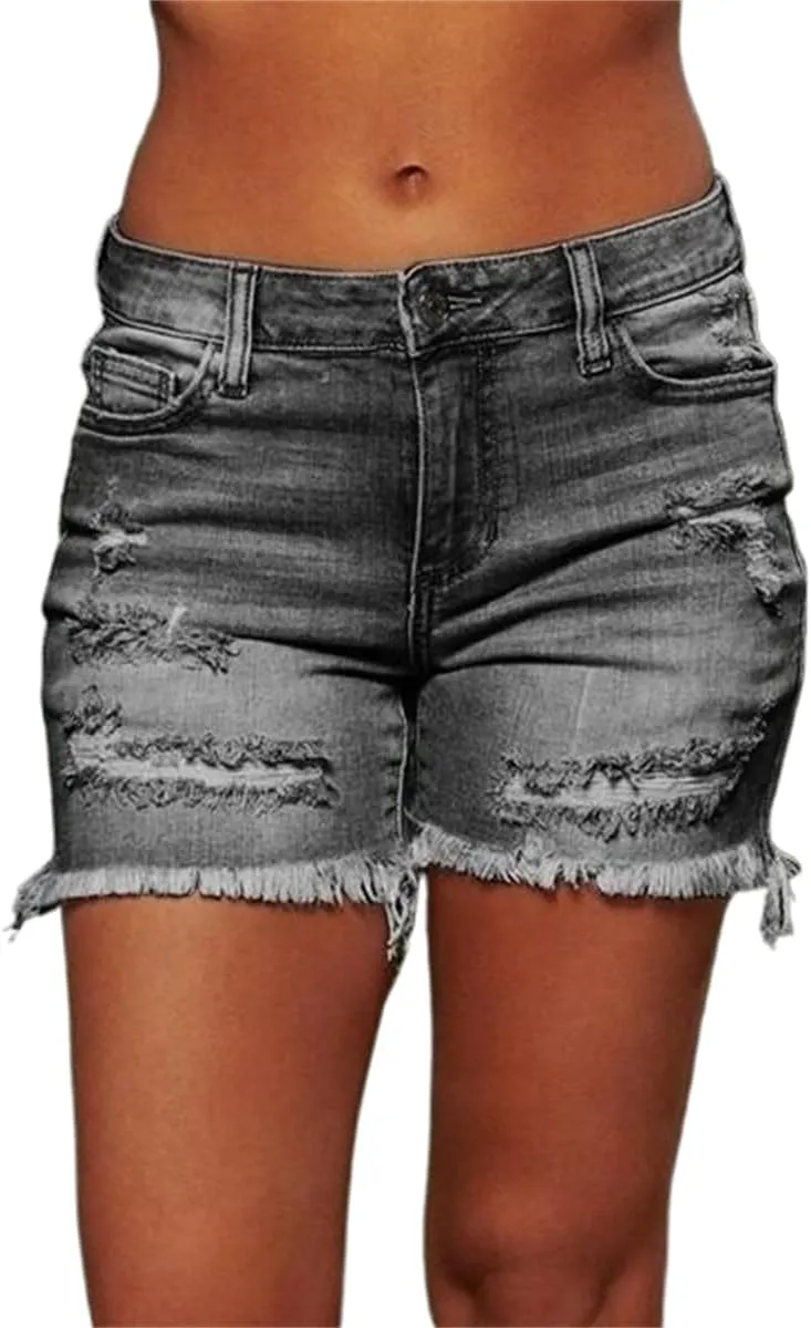 Women's Denim Shorts Women's Distressed Skinny Denim Shorts High Waisted Ripped Hem Frayed Short Jeans
