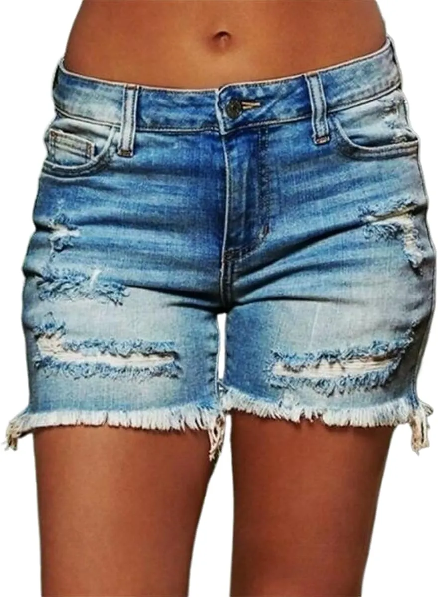 Women's Denim Shorts Women's Distressed Skinny Denim Shorts High Waisted Ripped Hem Frayed Short Jeans