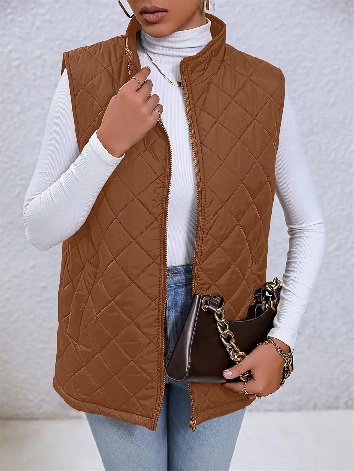 Women's Diamond Quilted Vest Lightweight Stand Collar Full Zip Jacket Padded Coat Loose Winter Warm Gilet with Pockets