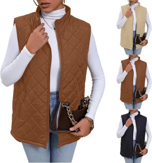 Women's Diamond Quilted Vest Lightweight Stand Collar Full Zip Jacket Padded Coat Loose Winter Warm Gilet with Pockets