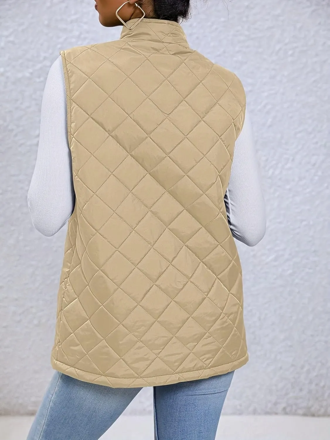 Women's Diamond Quilted Vest Lightweight Stand Collar Full Zip Jacket Padded Coat Loose Winter Warm Gilet with Pockets
