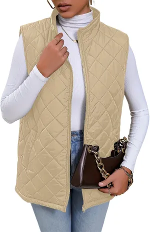 Women's Diamond Quilted Vest Lightweight Stand Collar Full Zip Jacket Padded Coat Loose Winter Warm Gilet with Pockets