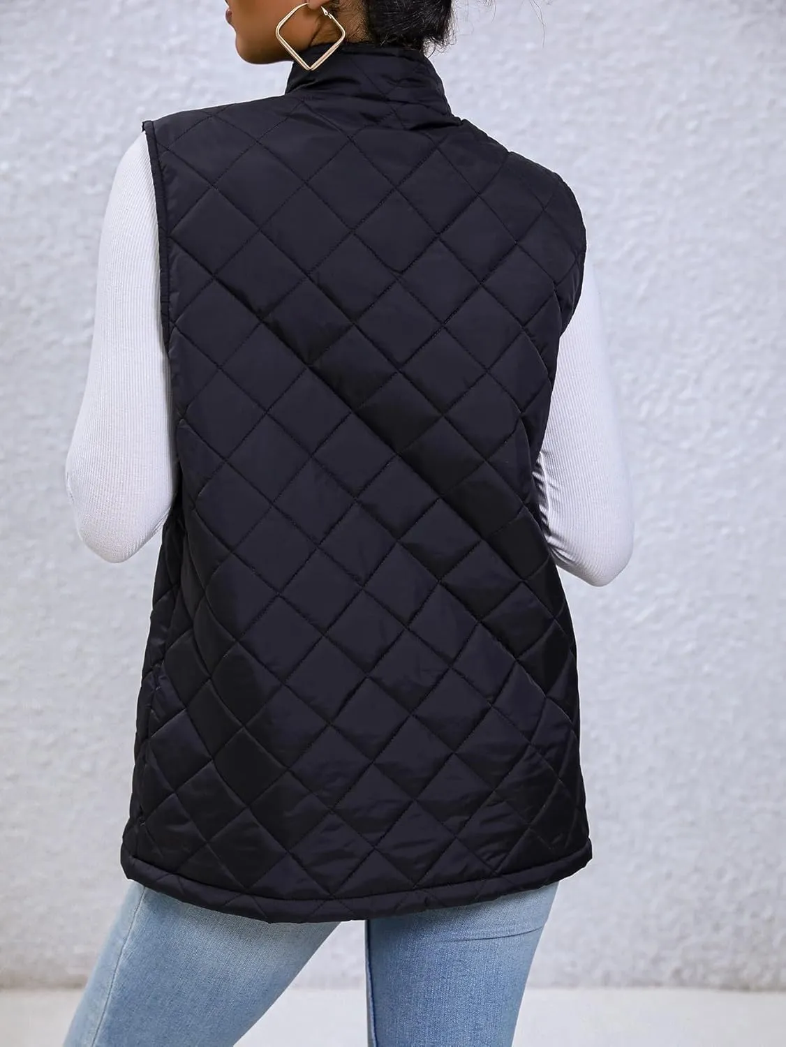 Women's Diamond Quilted Vest Lightweight Stand Collar Full Zip Jacket Padded Coat Loose Winter Warm Gilet with Pockets