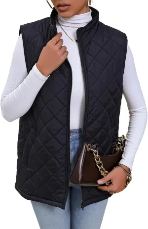 Women's Diamond Quilted Vest Lightweight Stand Collar Full Zip Jacket Padded Coat Loose Winter Warm Gilet with Pockets