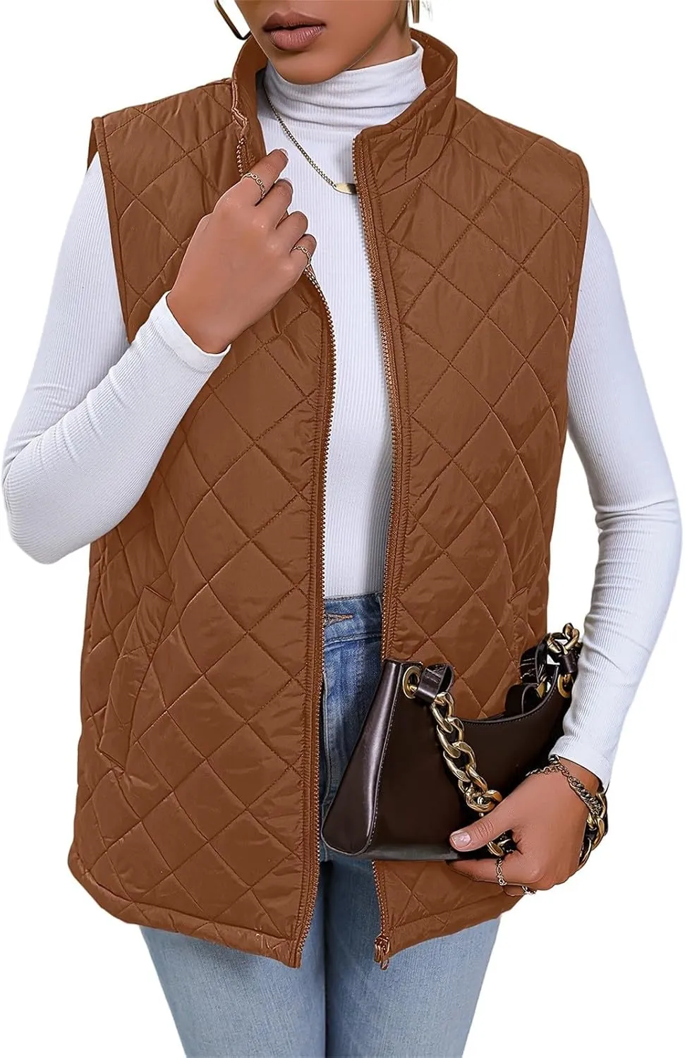 Women's Diamond Quilted Vest Lightweight Stand Collar Full Zip Jacket Padded Coat Loose Winter Warm Gilet with Pockets