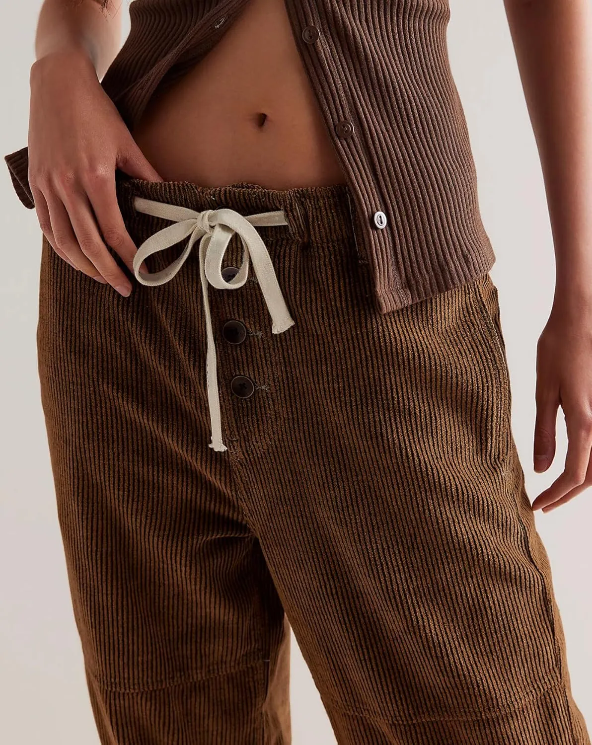 Women's Drawstring Corduroy Pants Mid Waist Straight Wide Leg Baggy Barrel Jeans Trouser