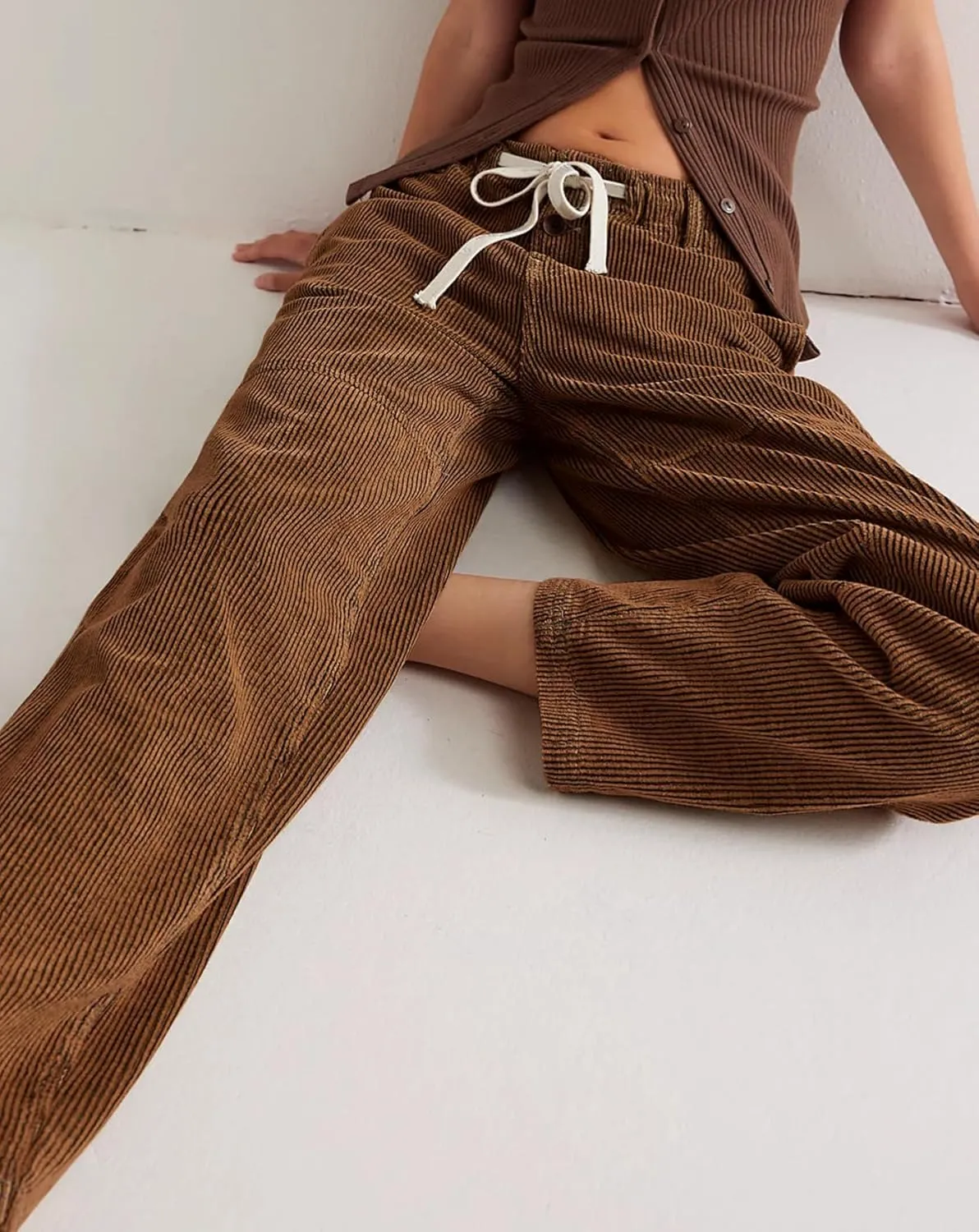 Women's Drawstring Corduroy Pants Mid Waist Straight Wide Leg Baggy Barrel Jeans Trouser