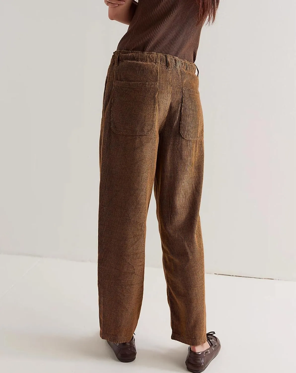 Women's Drawstring Corduroy Pants Mid Waist Straight Wide Leg Baggy Barrel Jeans Trouser